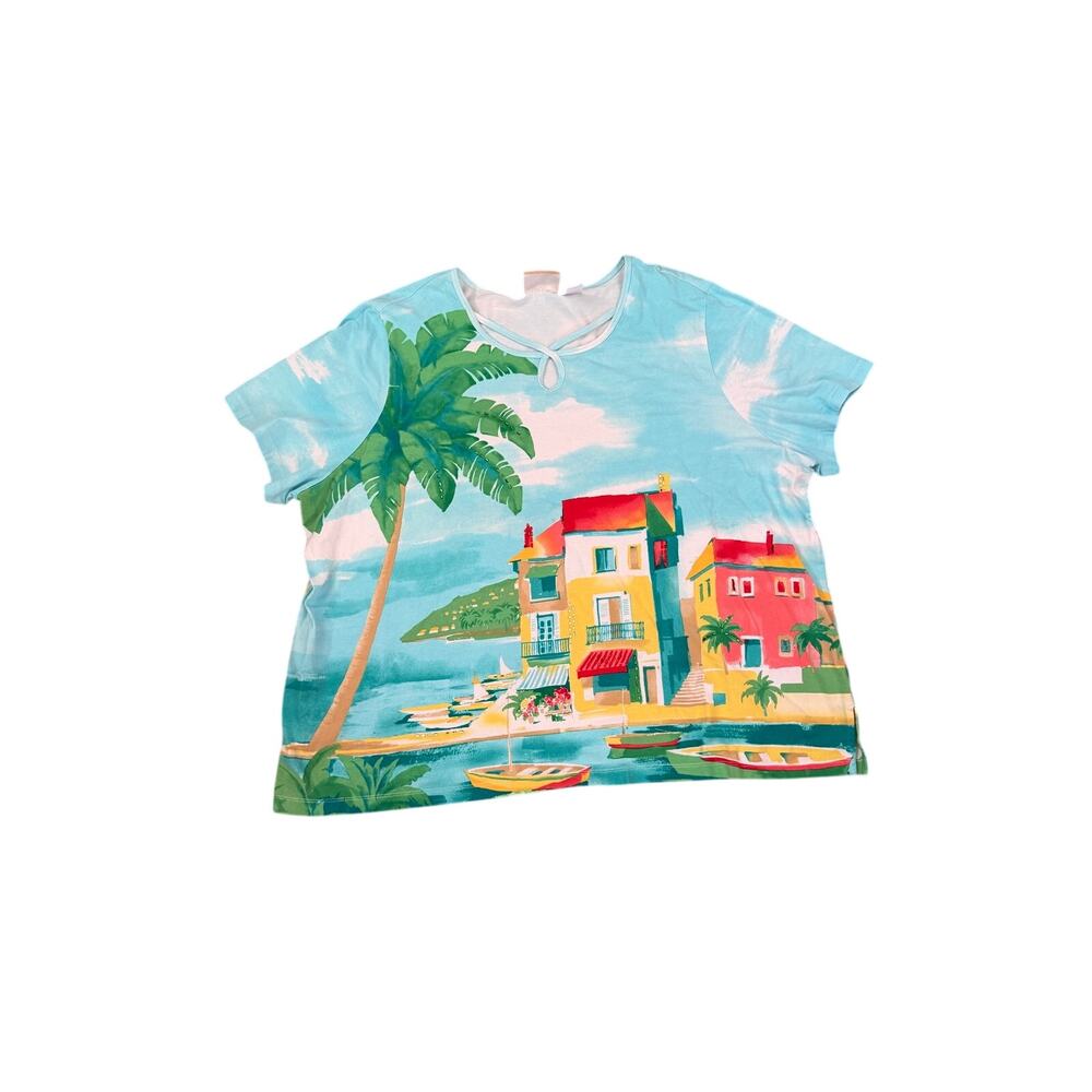 Women’s Light Blue Tropical Coastal Village Graphic Tee - Colorful Harbor Scene